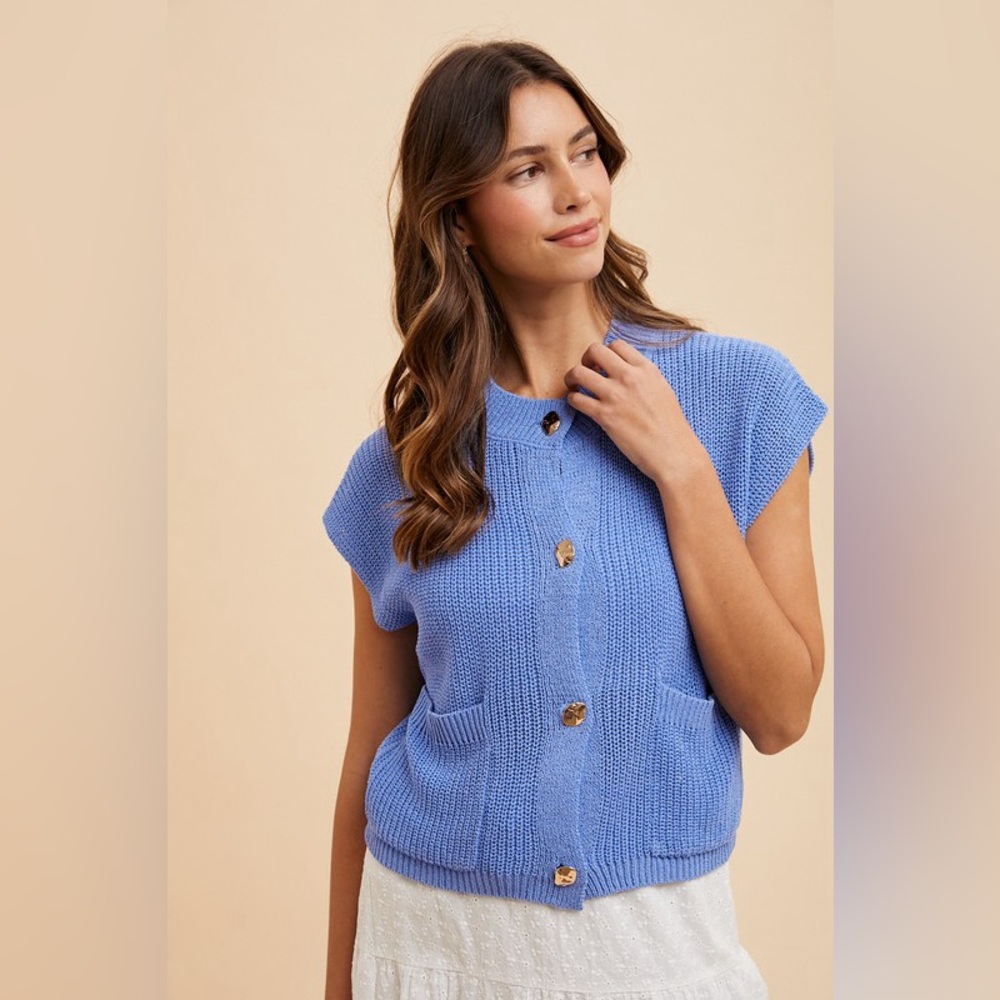 Light Weight Gold Button Vest in Denim Blue